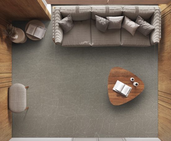 Minimalist living room with wooden walls in beige tones. Fabric sofa with pillows, carpets and decors. Top view, plan, above. Minimal interior design