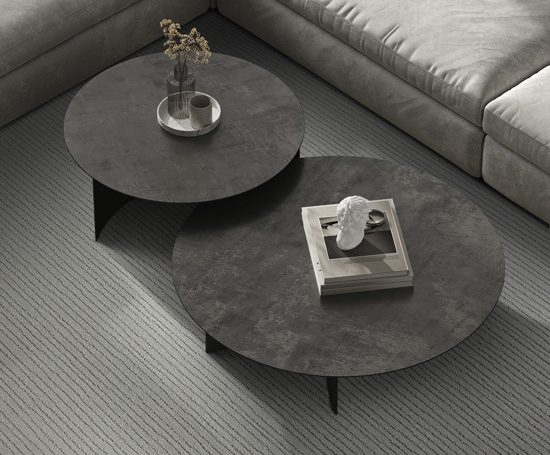 Modern grey minimalist interior livingroom with large modular sofa, table, flowers and book. Top view close up. 3d rendering. High quality 3d illustration