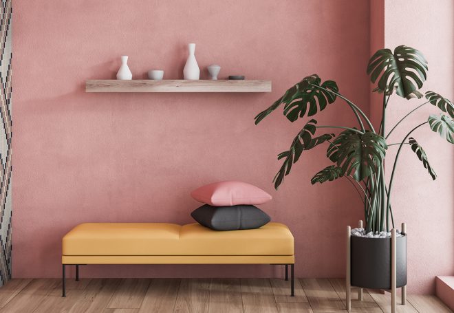 Minimalistic,Pink,Living,Room,Interior,With,Wooden,Floor,,Tall,Window